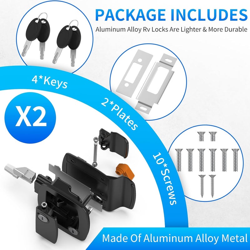 BEBOBLY RV Door Lock Replacement, Aluminum Alloy Lighter RV Door Latch with Paddle Deadbolt & 4 Keys, 100% Metal Camper Door Locks, RV Entry Door Lock for Travel Trailers Cargo Hauler, Black, 2 Packs - Image 4